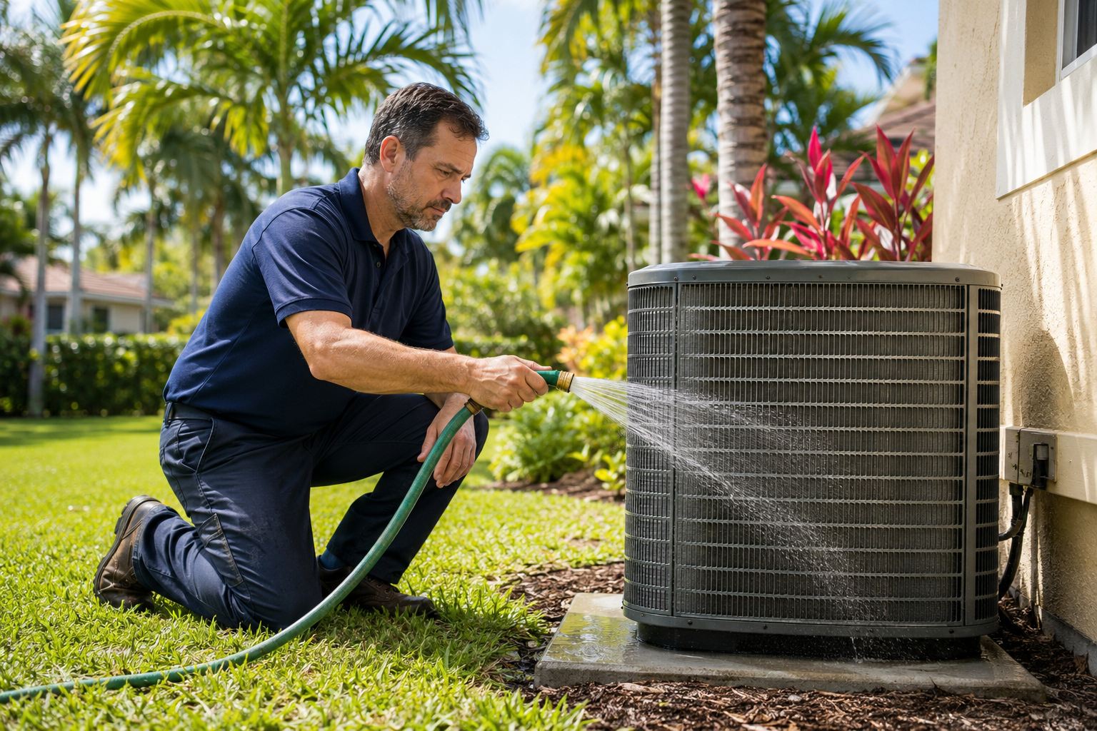AC technician rinsing condenser coils with a garden hose