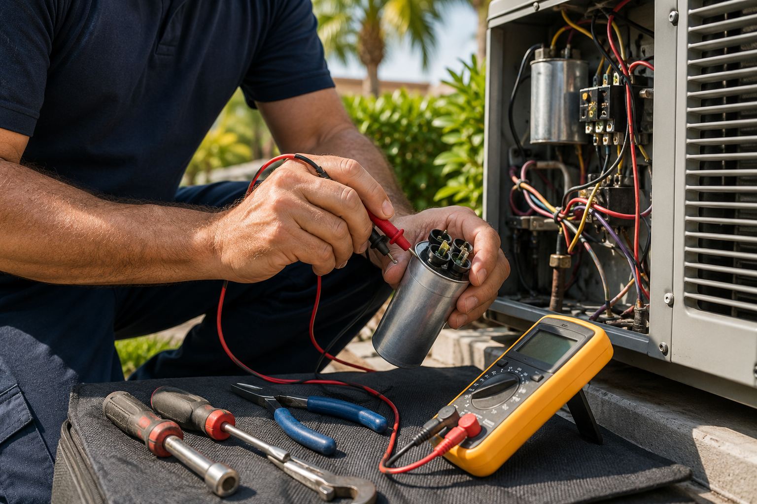 Close-up of an AC technician testing a capacitor with a multimeter