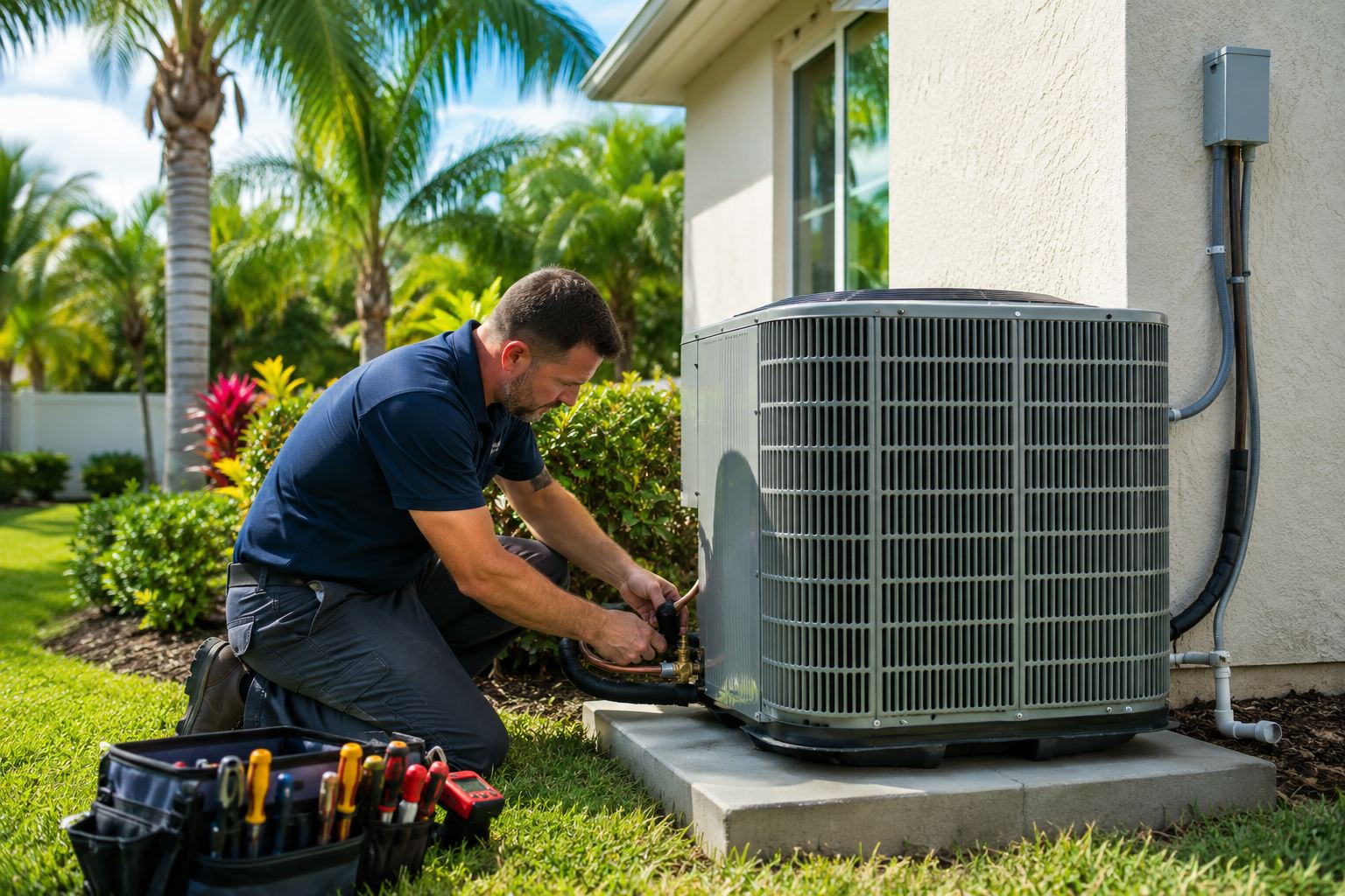 Newly installed outdoor AC unit being connected at a Florida home