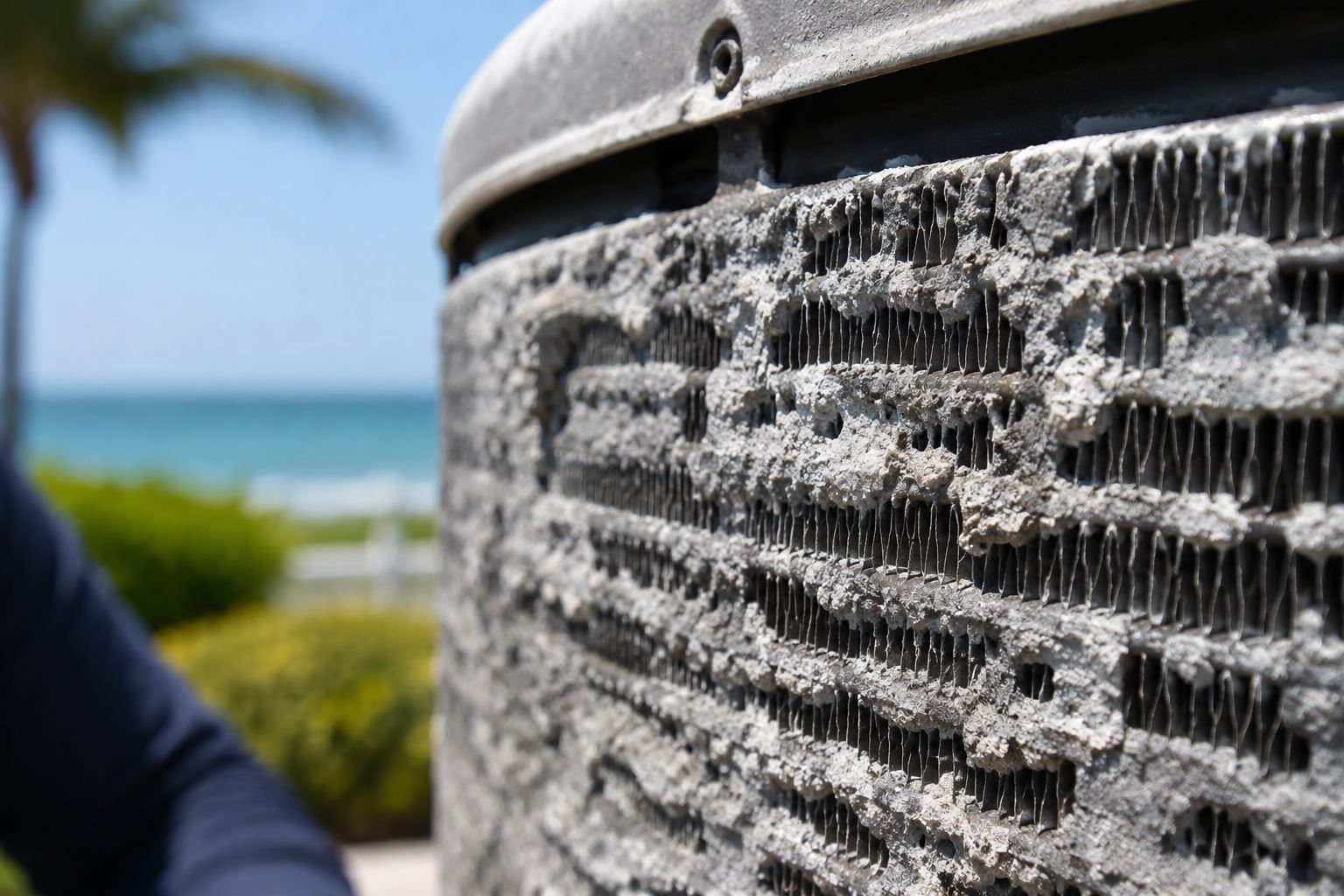 Close-up of corroded condenser coil fins on a coastal Florida AC unit
