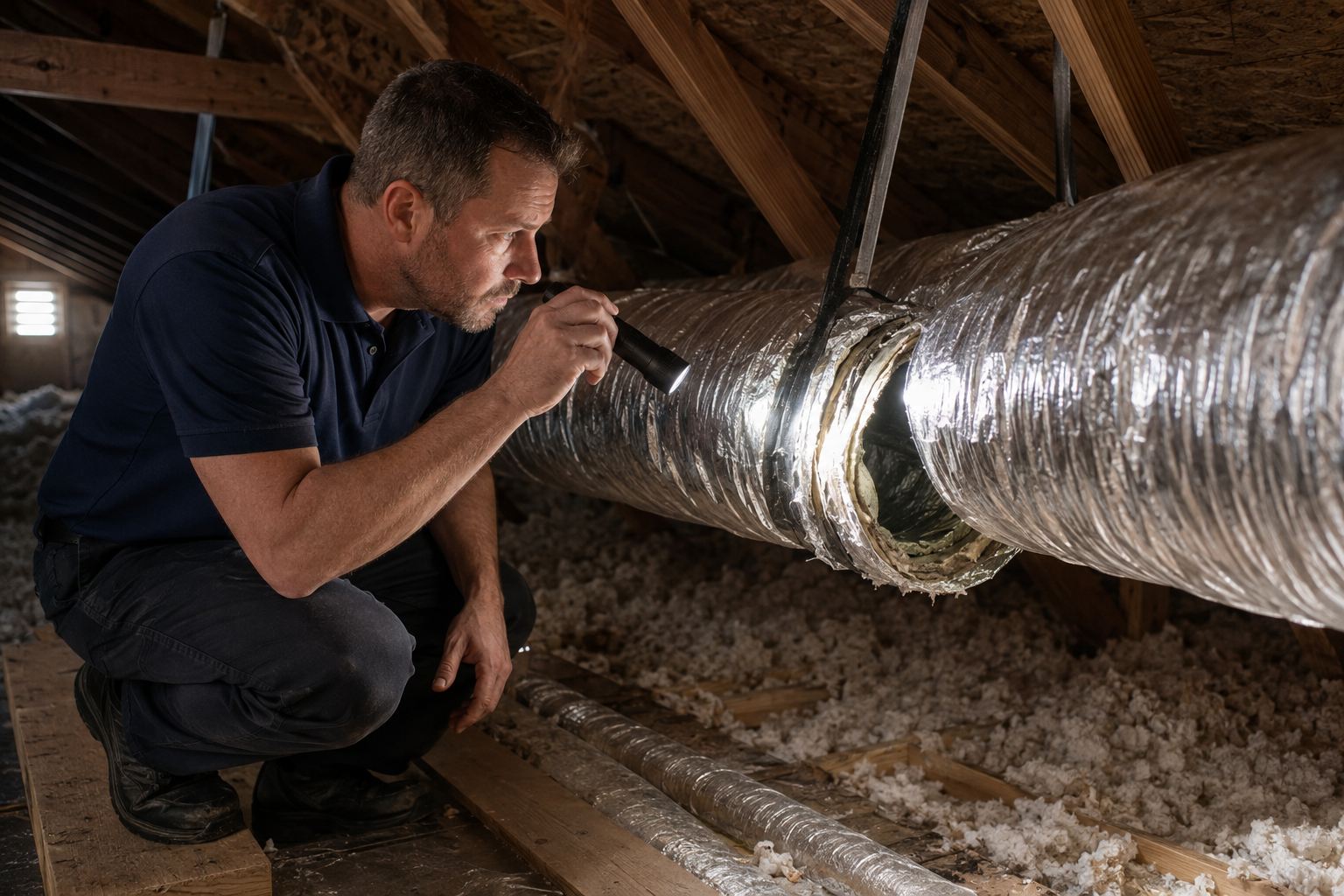 AC technician inspecting flexible ductwork in a Florida attic with a flashlight