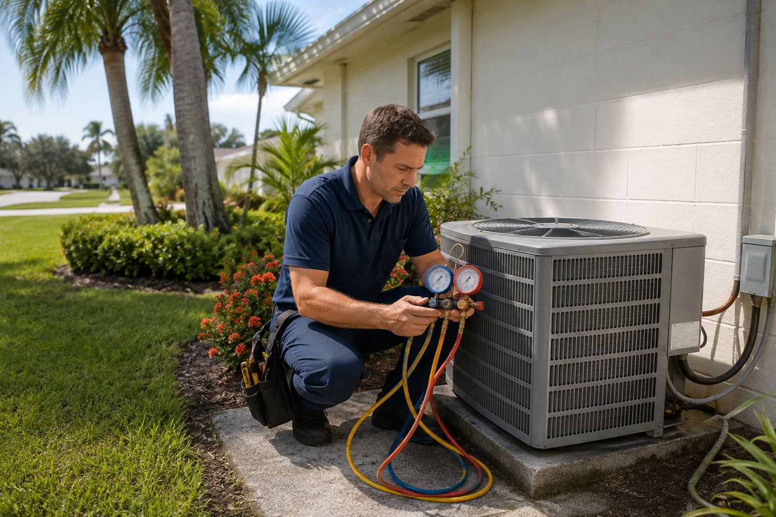 AC technician checking refrigerant gauges on an outdoor unit at a Hobe Sound, FL home