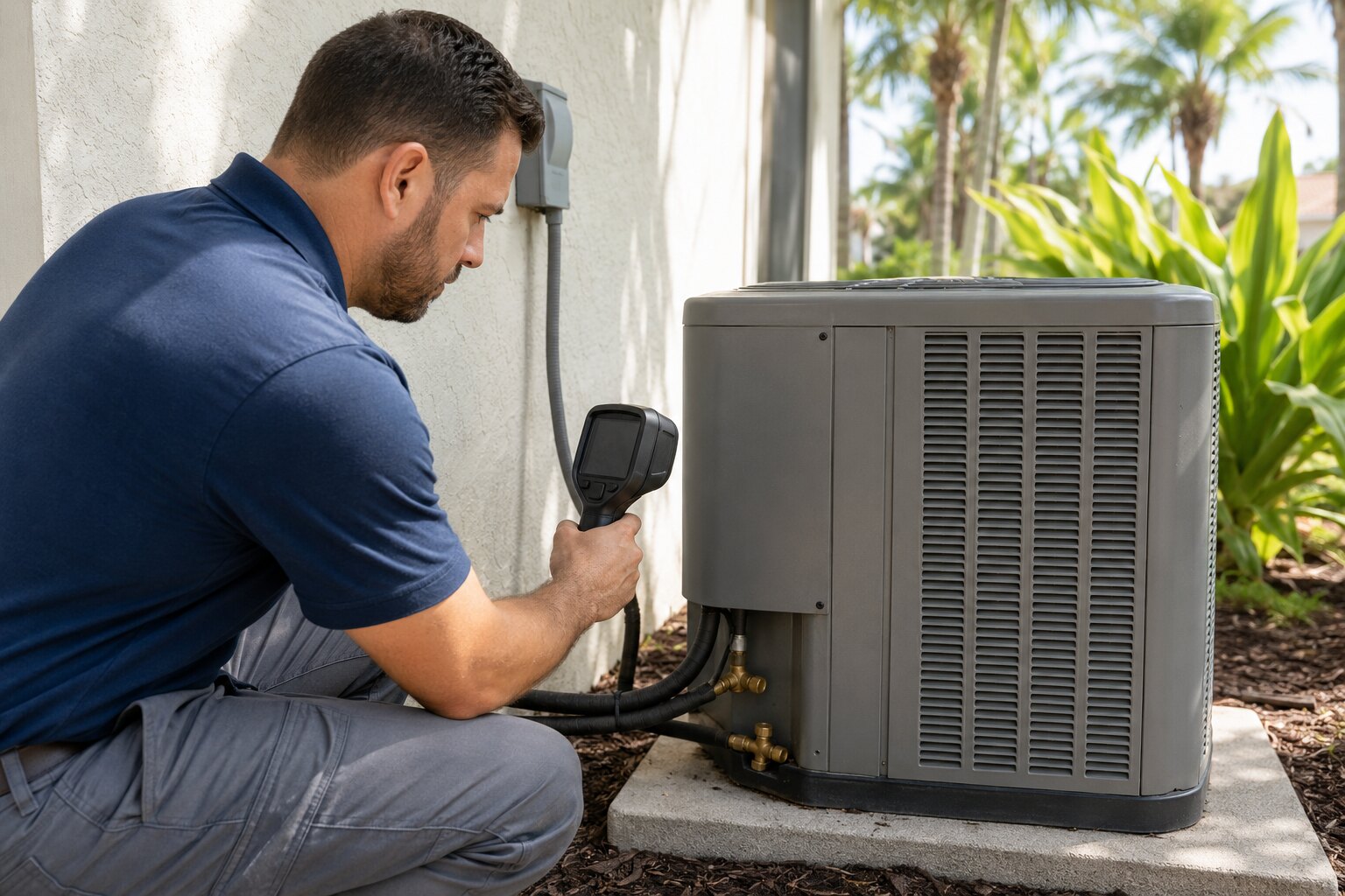 AC technician diagnosing an outdoor air conditioning unit