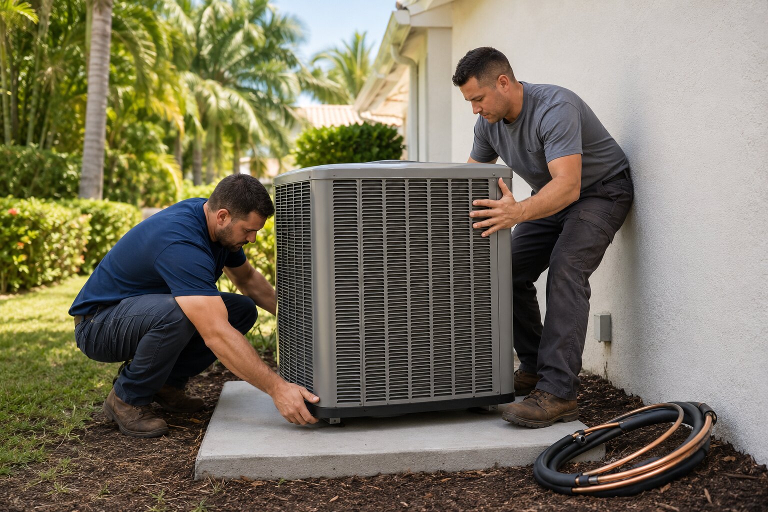 AC technicians positioning a new outdoor air conditioning unit