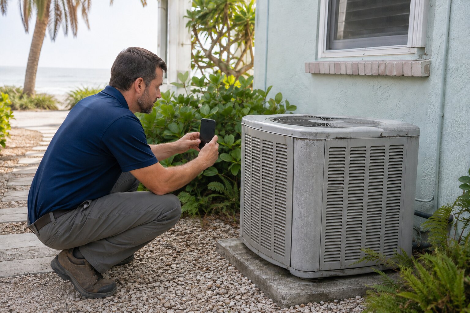 AC technician working at a home in Jensen Beach, Florida