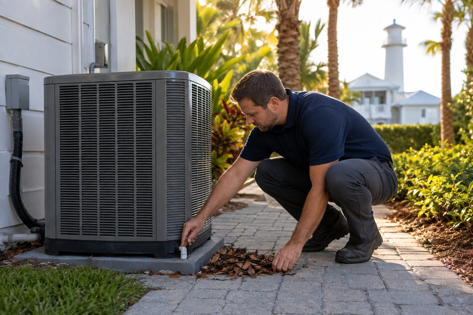 AC technician working at a home in Jupiter, Florida