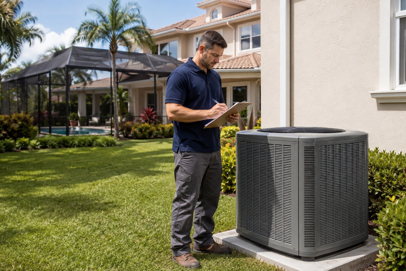 AC technician working at a home in Palm City, Florida