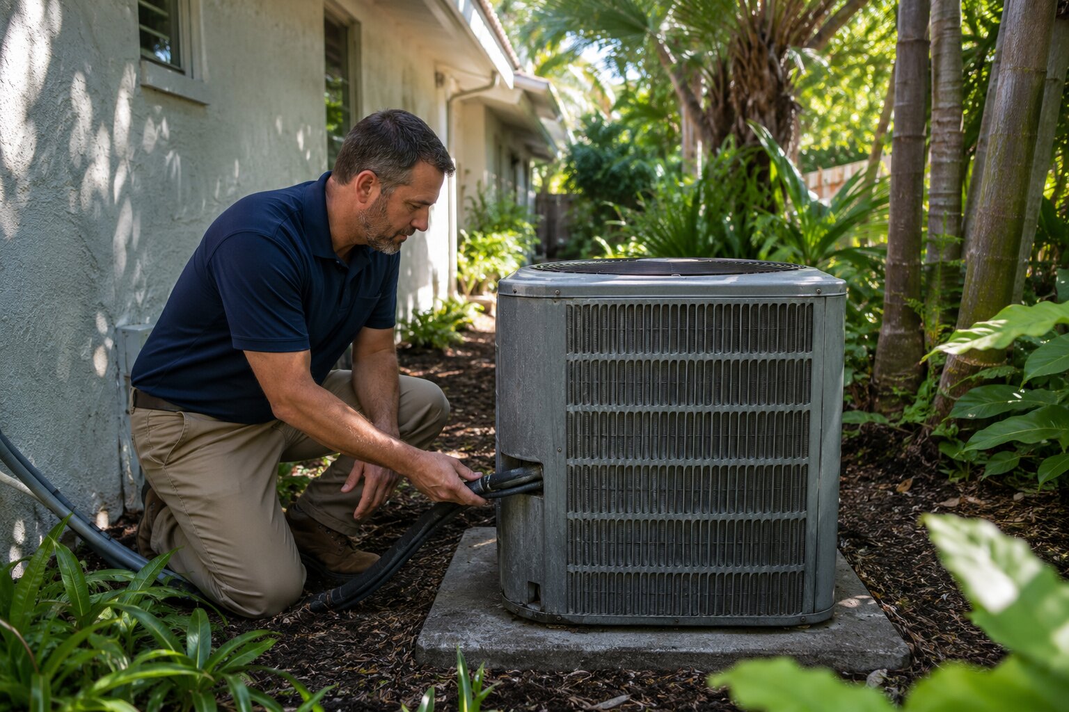 AC technician working at a home in Tequesta, Florida