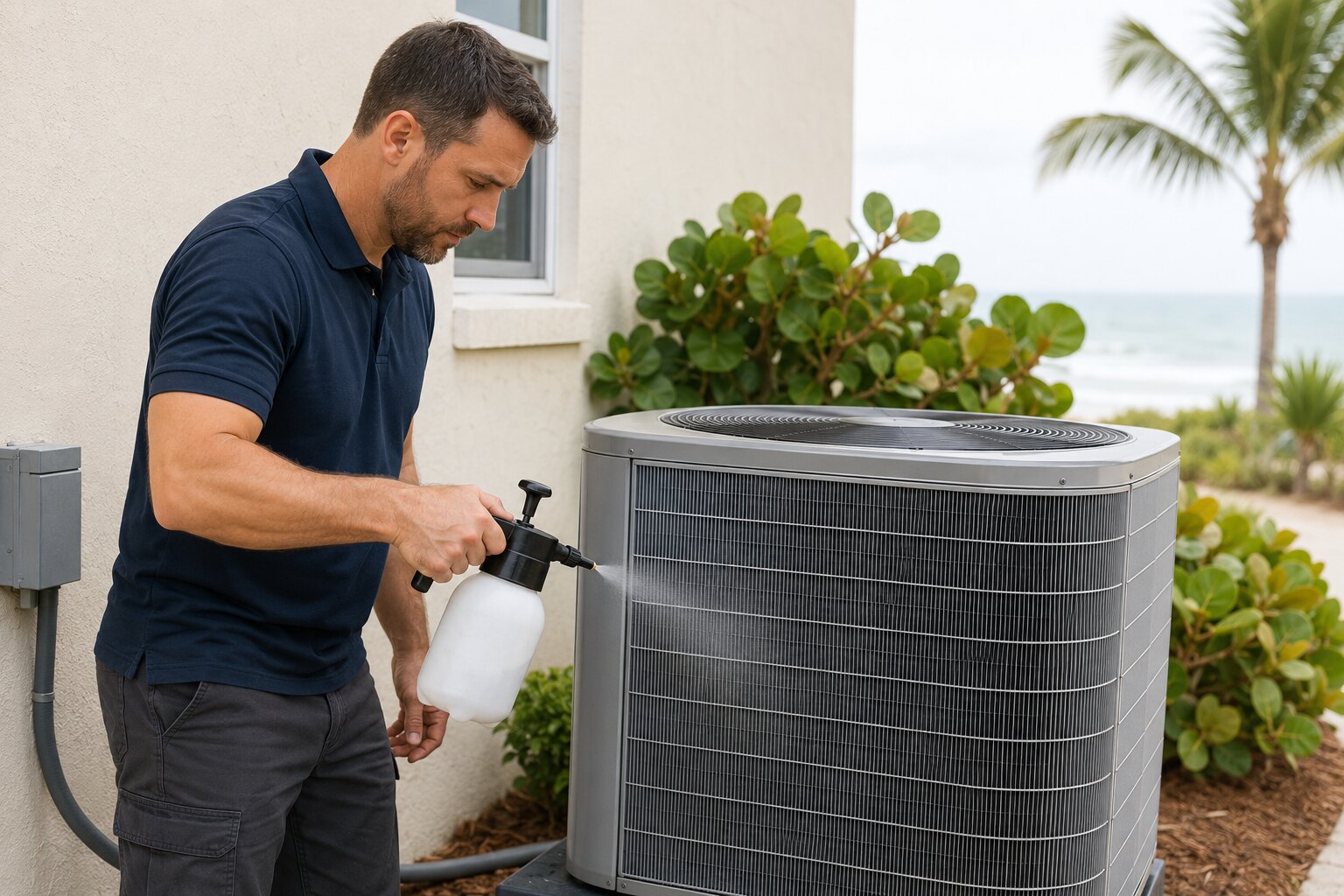 AC technician applying protective coating to a coastal air conditioning unit