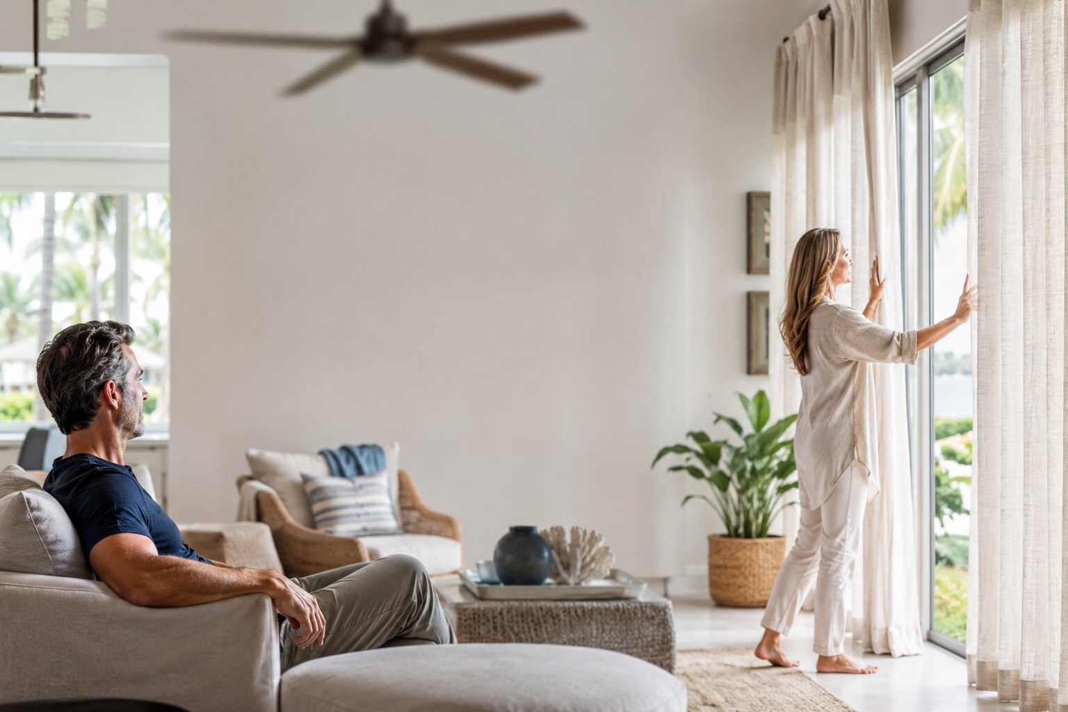 Homeowners relaxing in a cool, bright South Florida living room