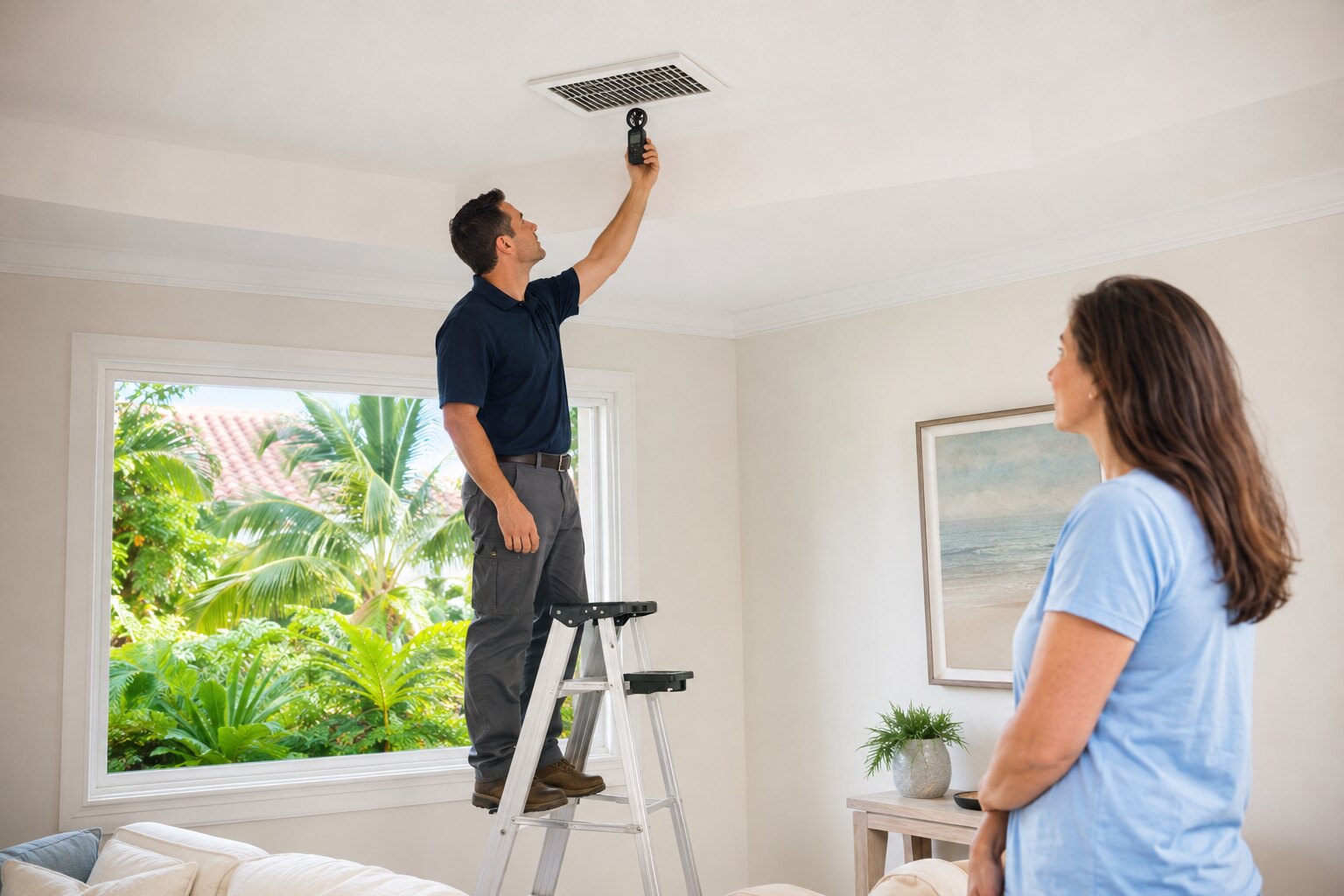 AC technician measuring airflow at a ceiling vent inside a Florida home