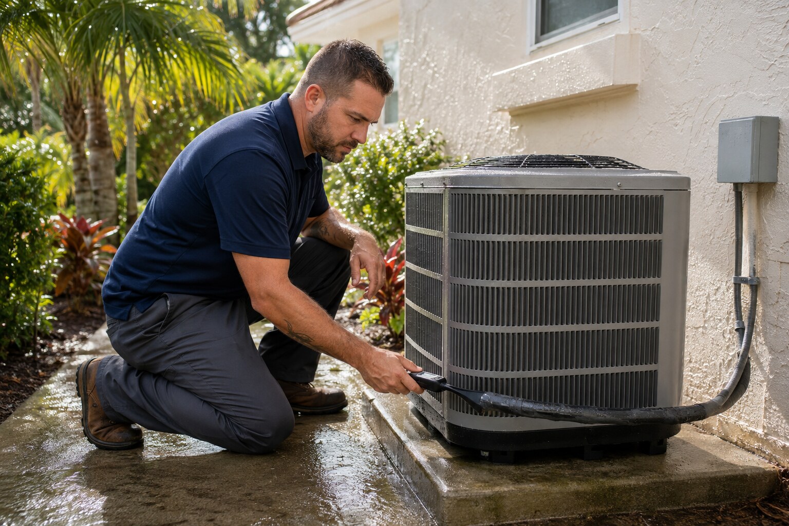 AC technician checking a refrigerant line after a South Florida rain