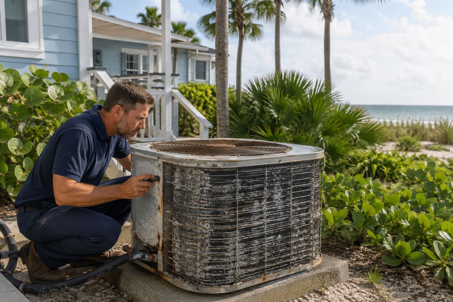 AC technician inspecting a salt-corroded outdoor unit near the beach in Jensen Beach, FL