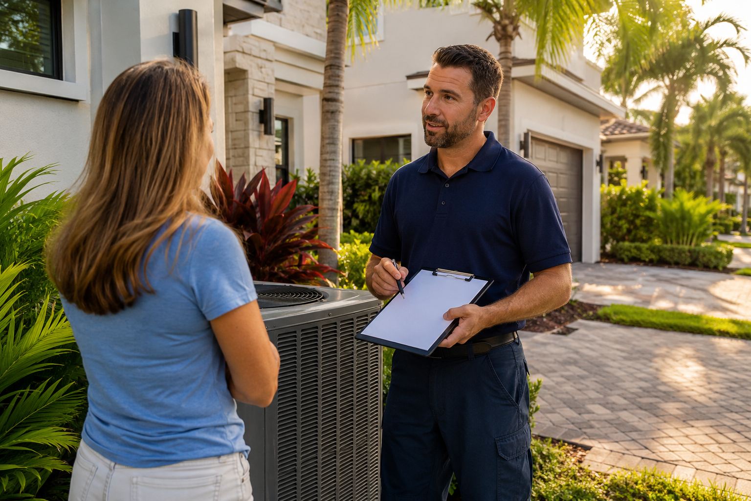 AC technician reviewing an estimate with a homeowner beside an outdoor unit in Jupiter, FL