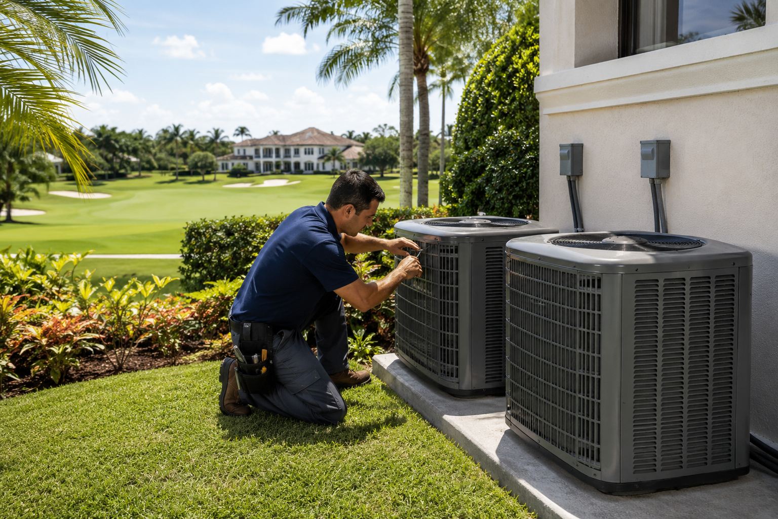 AC technician servicing two outdoor units at a Palm Beach Gardens, FL home overlooking a golf course