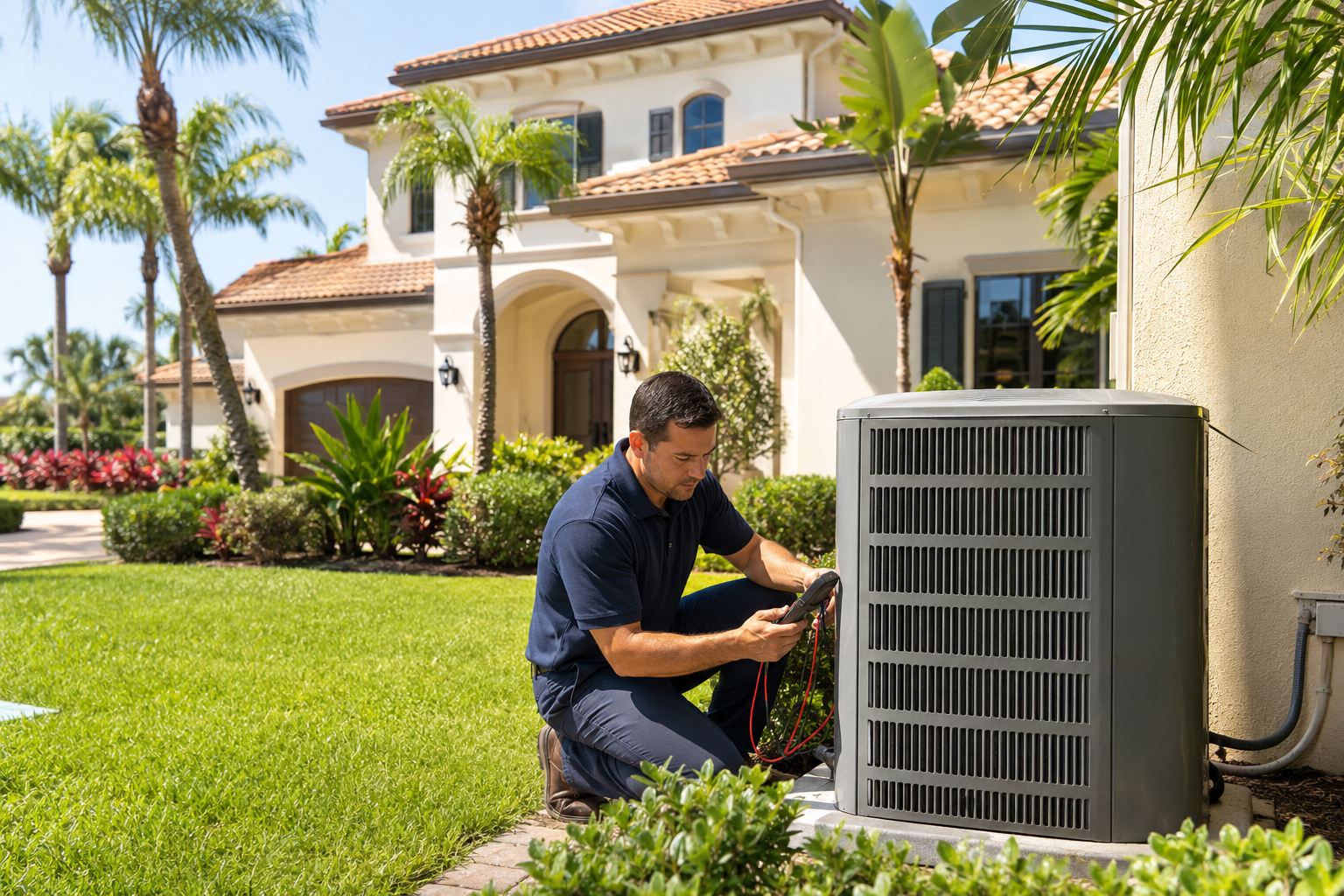 AC technician testing an outdoor unit at a two-story Palm City, FL home