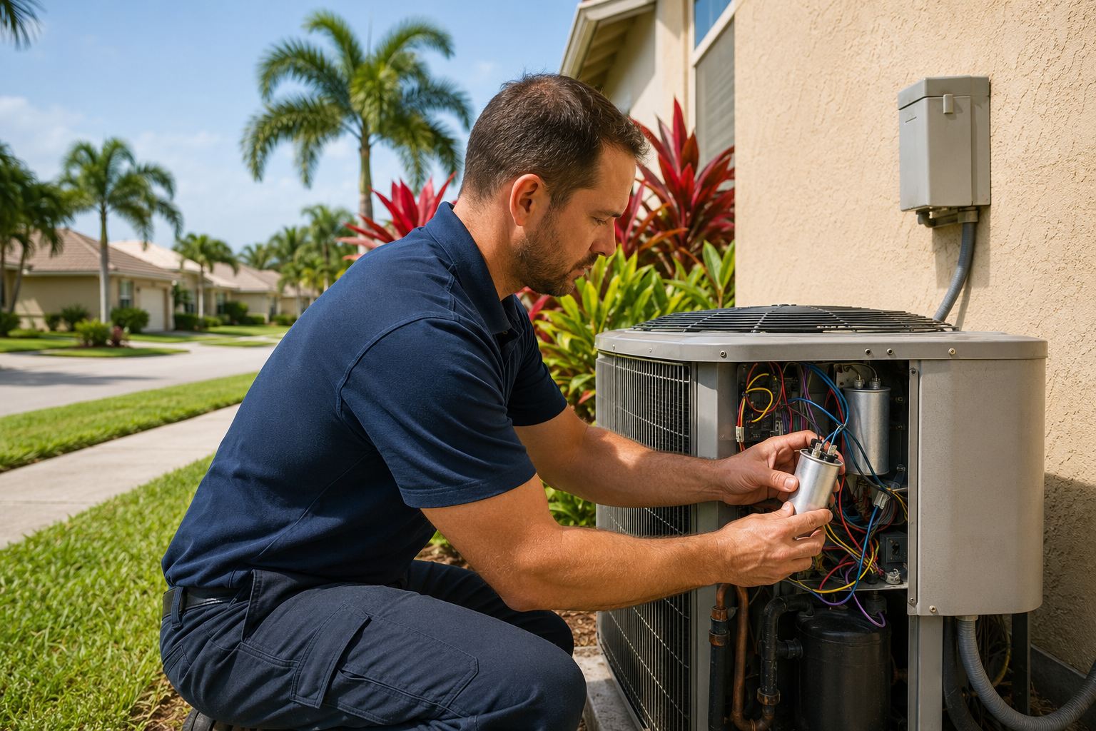 AC technician replacing a capacitor in an outdoor unit at a Port St. Lucie, FL home