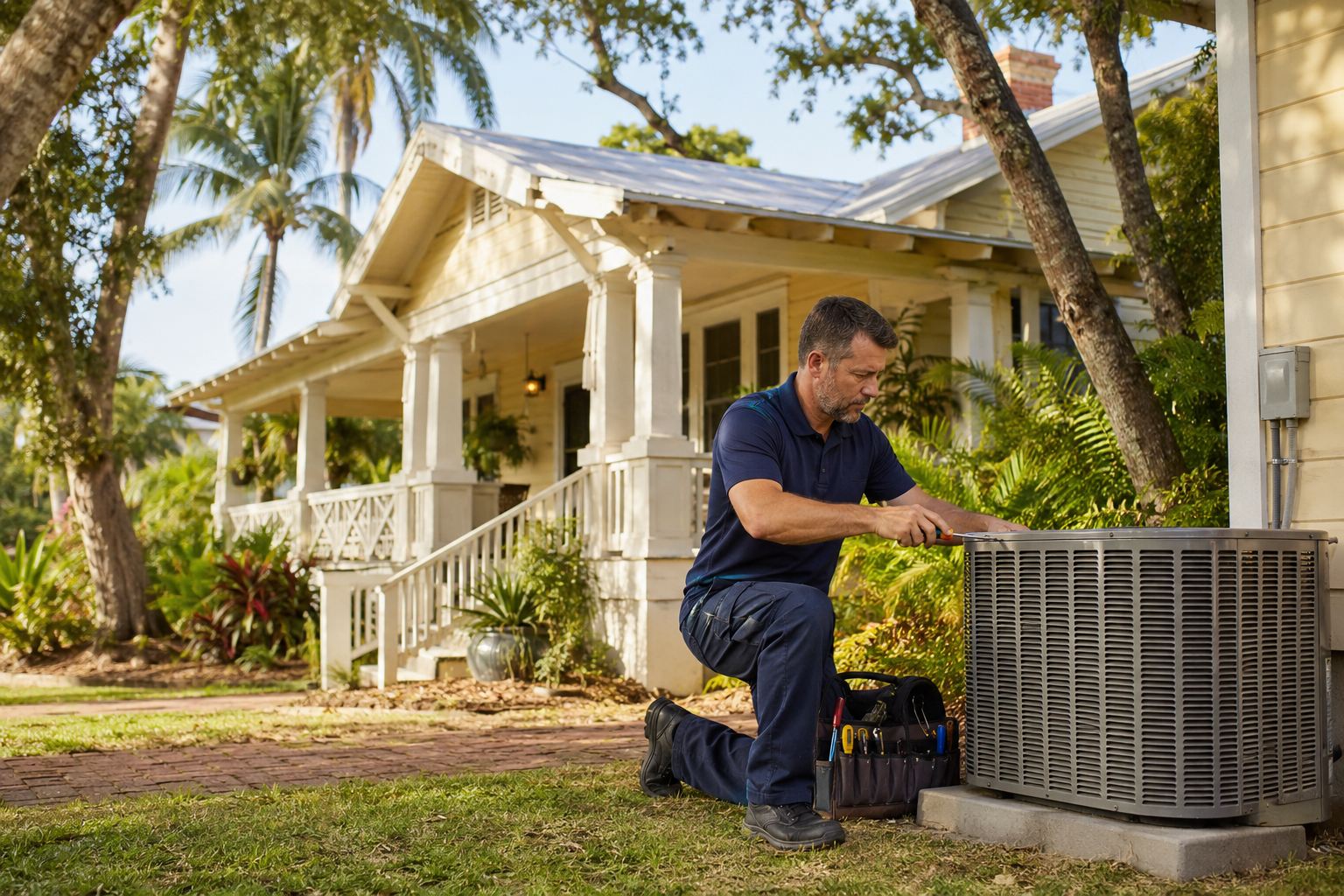 AC technician working on an outdoor unit beside an older Stuart, FL bungalow