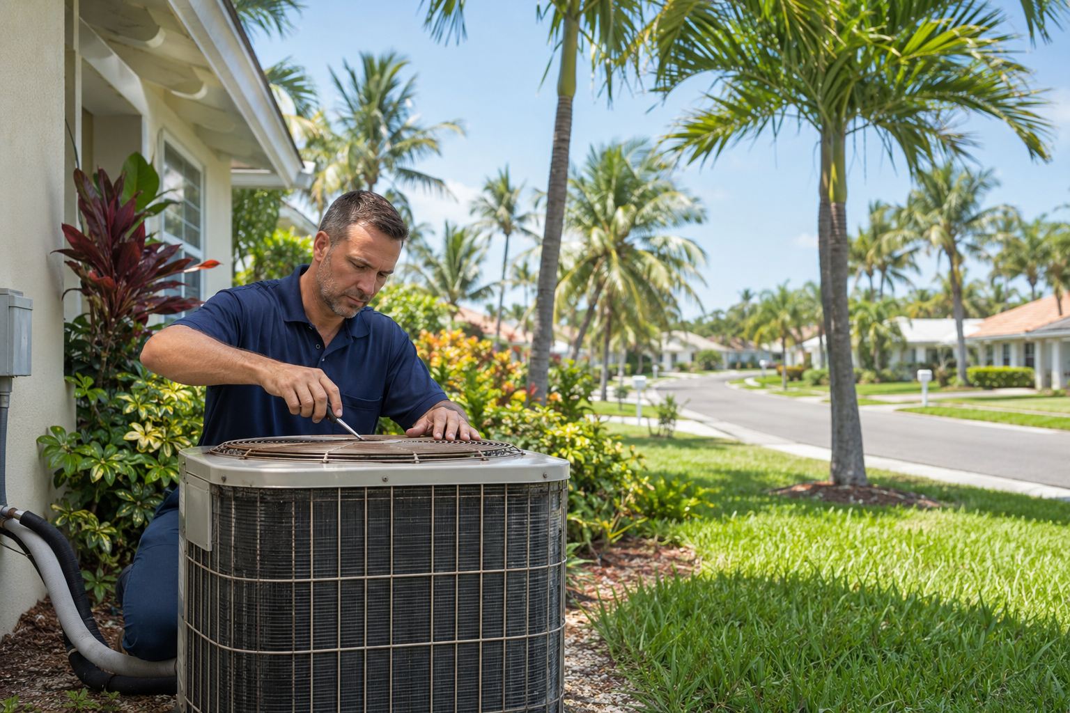 AC technician servicing an outdoor unit at an established Tequesta, FL home